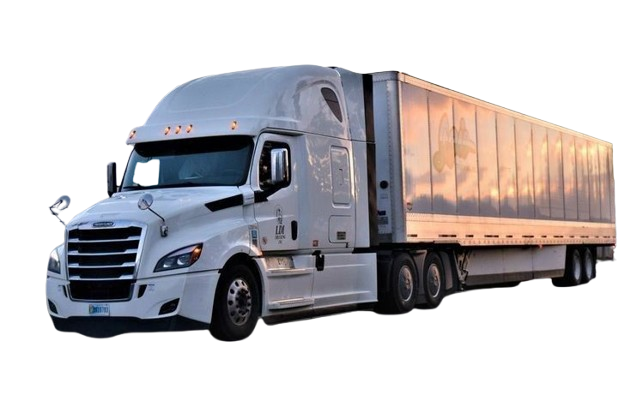 White semi truck with refrigerated trailer for freight transportation and logistics services