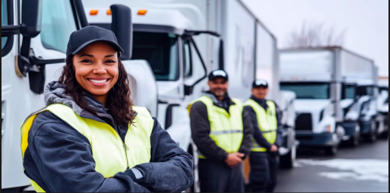 Professional logistics team standing in front of commercial trucks supporting reliable freight and transportation services
