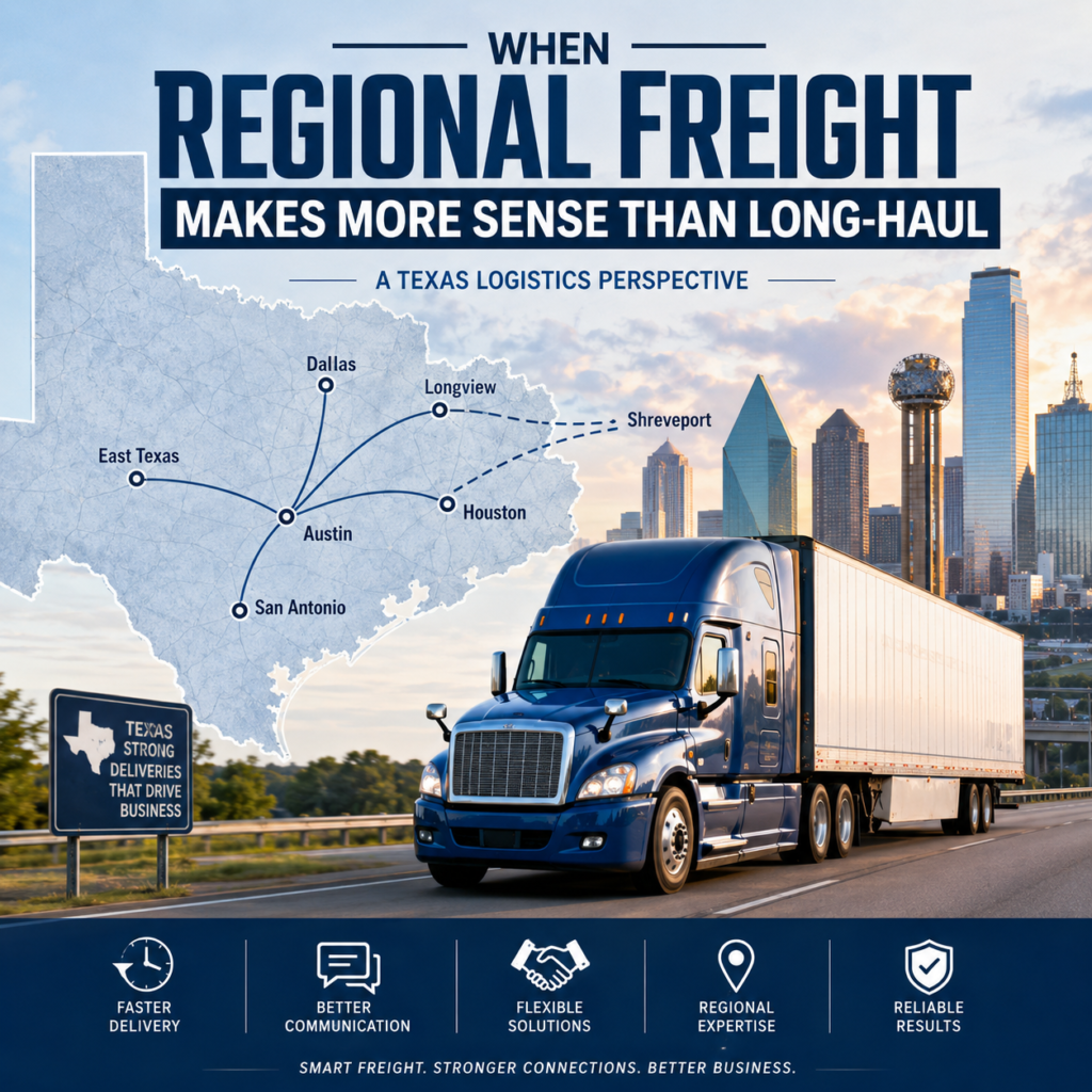 Blue semi-truck transporting regional freight across Texas with a route map highlighting Dallas, Houston, Austin, San Antonio, Longview, and Shreveport.